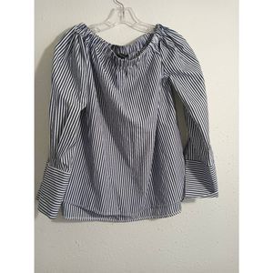 Zara Women's Pin Stripe Blue and White Off Shoulder Blouse Size M